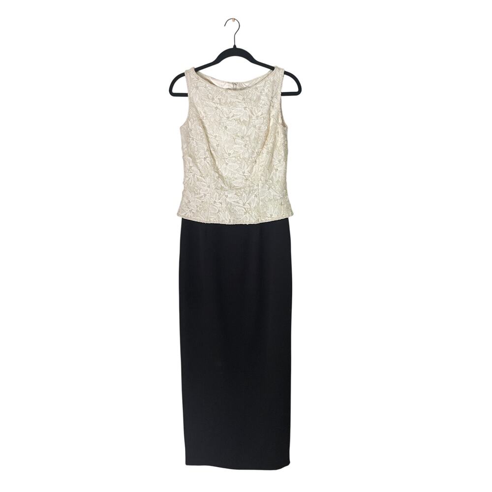 Vintage Marie St Claire Dress Bridal Black Ivory Lace Beaded Midi Formal Size 4